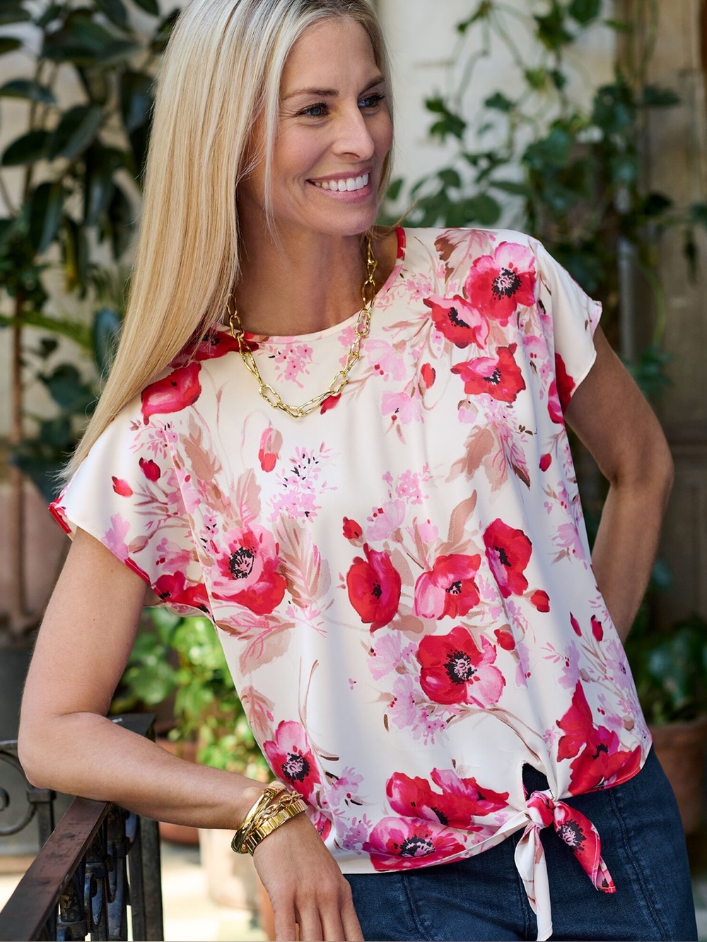 NWT Talbots Blouse with Red & Pink Floral Pattern and Tie Hem